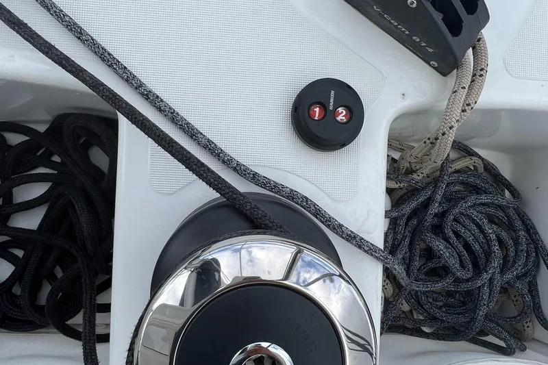 Buena Vida Yacht Photos Pics Close-up of 2023 Lagoon 50 yacht winch and ropes on deck.