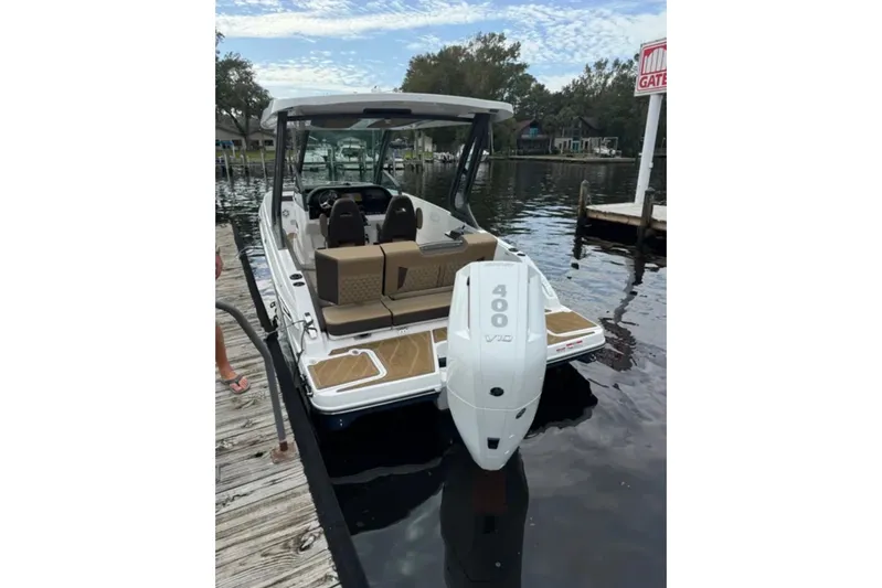 Yacht Photos Pics 2025 Monterey Elite 27 OB boat docked, featuring a powerful 400 V10 engine.