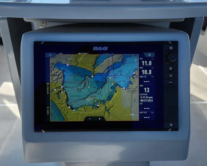 Private Sessions Yacht Photos Pics Navigation display on a 2018 Beneteau Oceanis 45 sailboat, showing a detailed marine map.