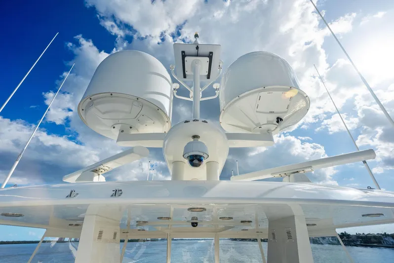 Antares Yacht Photos Pics Close-up of radar and communication equipment on a 2008 Westport 130 yacht.