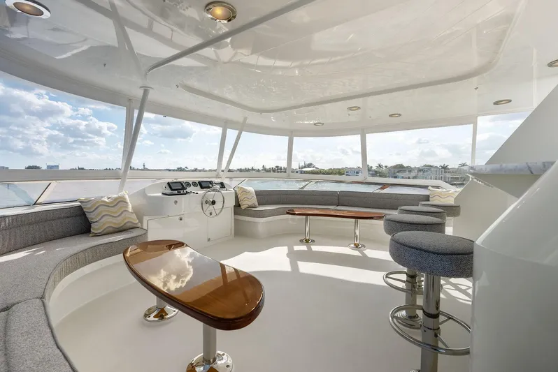 Antares Yacht Photos Pics Luxurious interior of 2008 Westport 130 yacht with modern seating and panoramic views.