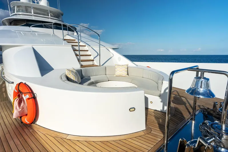 Antares Yacht Photos Pics Luxury seating area on 2008 Westport 130 yacht with ocean view.