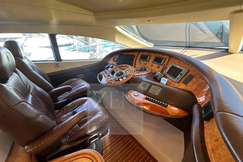  Yacht Photos Pics Luxurious 2009 Azimut 68E yacht cockpit with leather seats and advanced navigation controls.