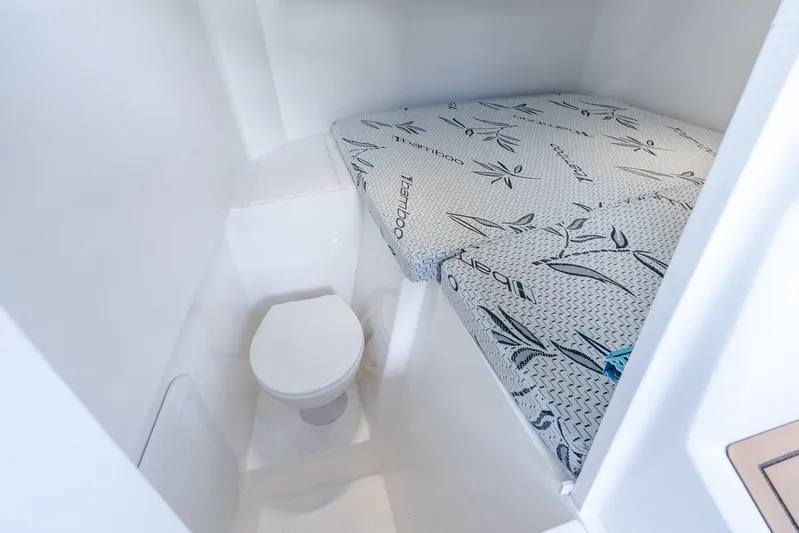  Yacht Photos Pics Compact cabin interior of 2026 Hammer Yachts 35HH with bed and toilet.