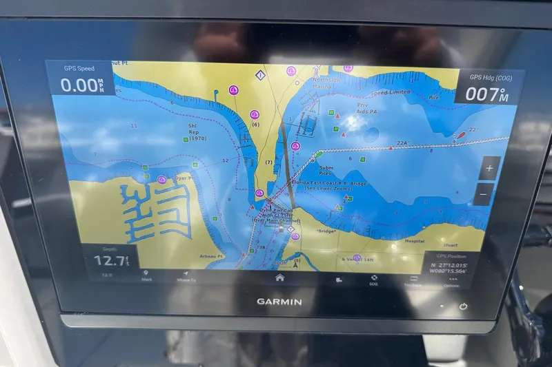 World Cat 296 Dc Yacht Photos Pics Garmin GPS display on 2020 World Cat 296 DC boat showing nautical map and navigation details.