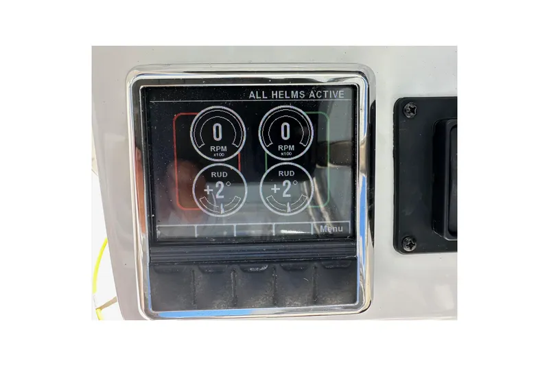 World Cat 296 Dc Yacht Photos Pics Display panel of 2020 World Cat 296 DC boat showing RPM and rudder angle.