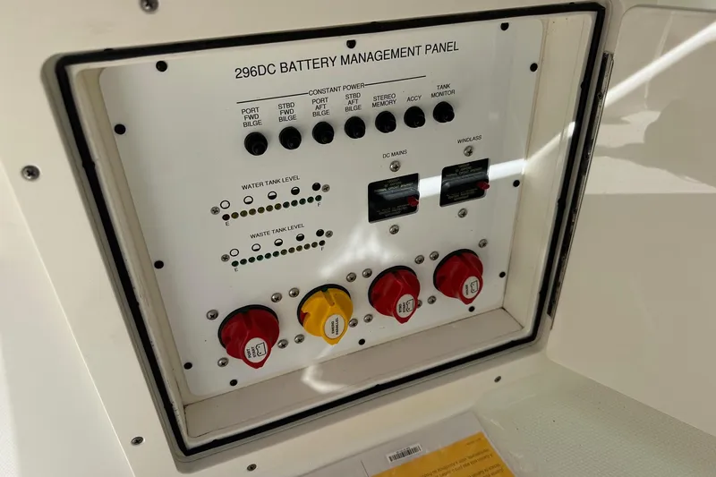 World Cat 296 Dc Yacht Photos Pics Battery management panel on 2020 World Cat 296 DC boat, showing controls and indicators.