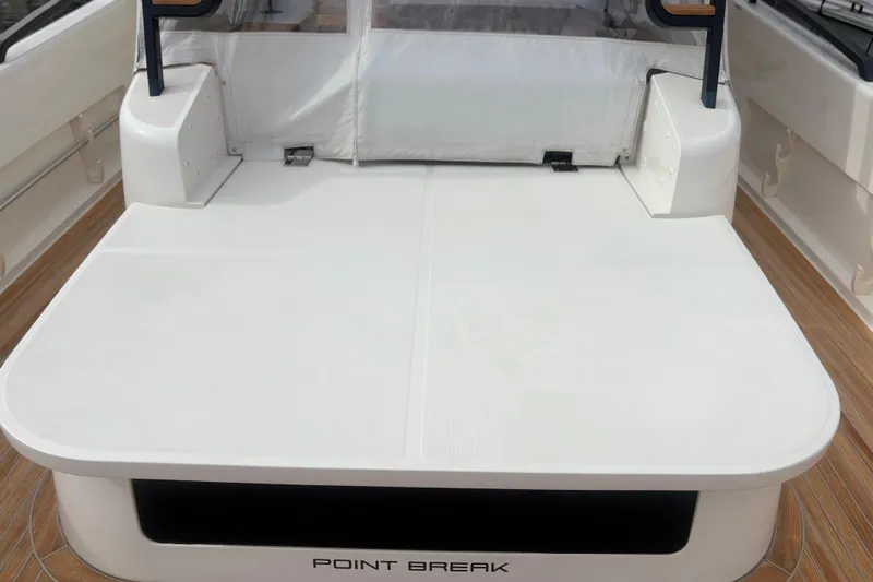  Yacht Photos Pics 2021 Bluegame BG42 yacht deck with "Point Break" branding, featuring sleek white design.