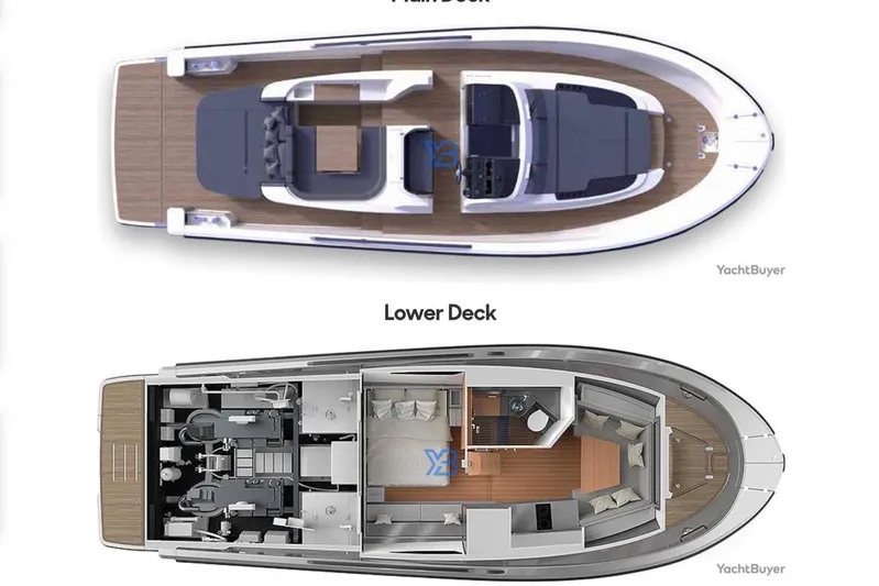  Yacht Photos Pics Top and lower deck layout of 2021 Bluegame BG42 yacht.