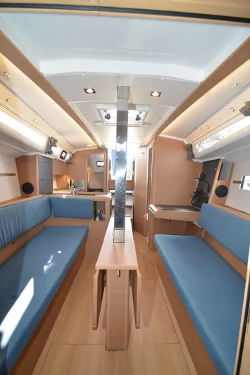 Sea To Summit Yacht Photos Pics Interior of 2022 Jeanneau Sun Odyssey 349 sailboat with modern design and blue seating.