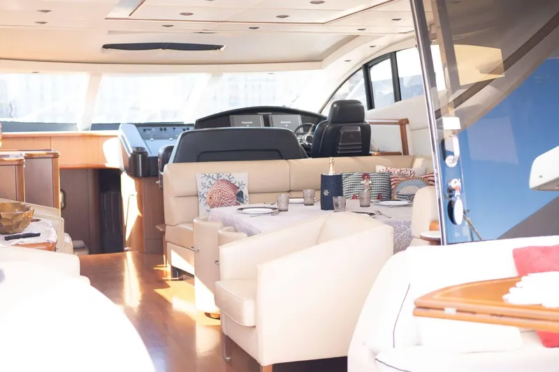  Yacht Photos Pics Luxurious interior of a 2007 Sunseeker Predator 72 yacht with elegant seating and decor.