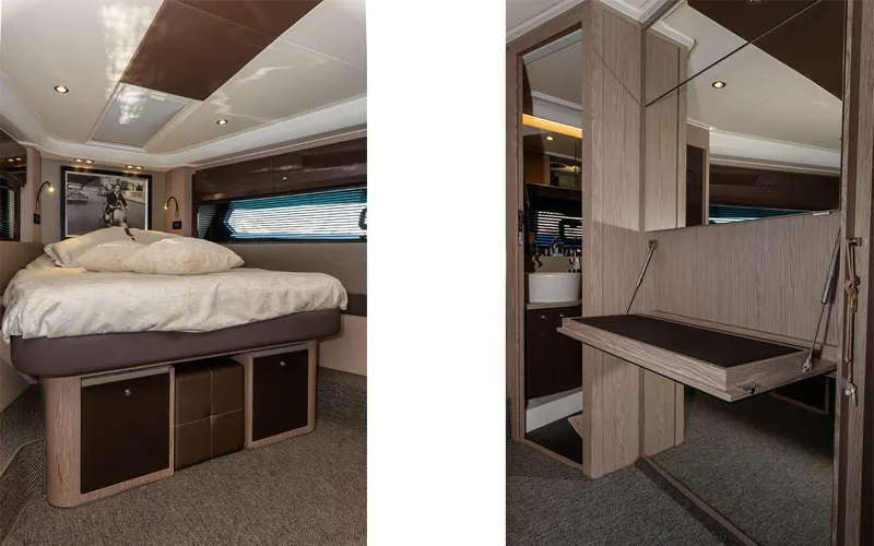  Yacht Photos Pics Luxurious interior of 2018 Azimut Atlantis 51 yacht with cozy bedroom and elegant vanity area.