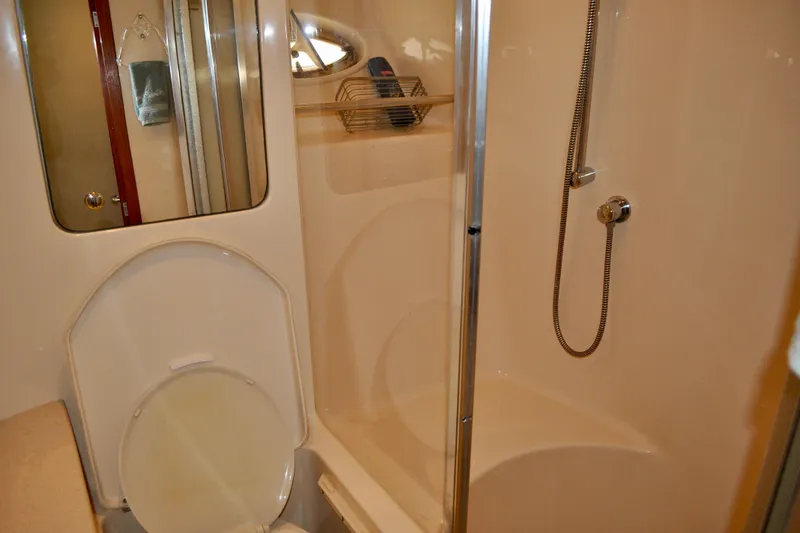 King Leisure Yacht Photos Pics Bathroom interior of 2002 Sea Ray 480 Sedan Bridge yacht, featuring shower and toilet.