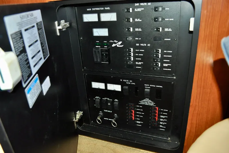 King Leisure Yacht Photos Pics Electrical control panel on a 2002 Sea Ray 480 Sedan Bridge yacht.