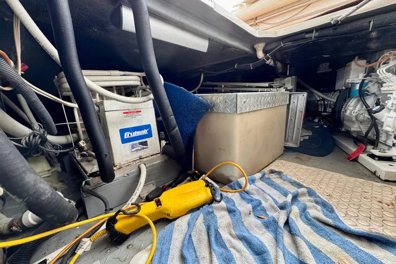 King Leisure Yacht Photos Pics Engine room of 2002 Sea Ray 480 Sedan Bridge with equipment and tools.