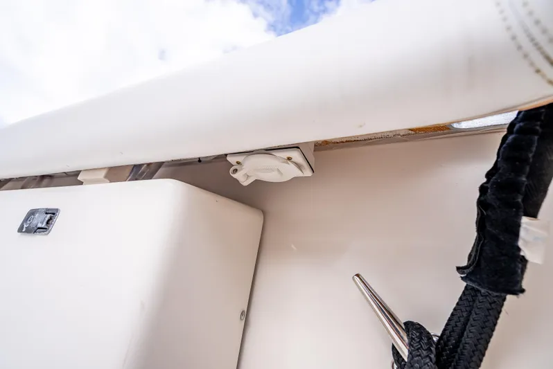  Yacht Photos Pics 2005 Tiara Yachts 4200 Open boat detail, featuring deck hardware and rope cleat.