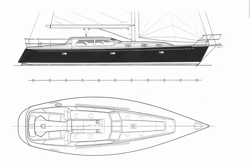 Custom Yacht Photos Pics Line drawing of a 2000 Sabre 452 sailboat, side and top views.