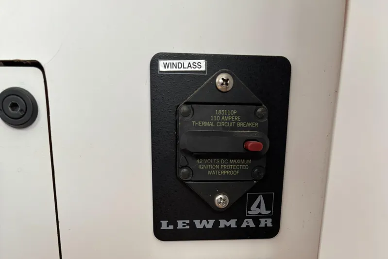 Custom Yacht Photos Pics Windlass circuit breaker panel on Sabre 452, 2000 model, featuring Lewmar components.
