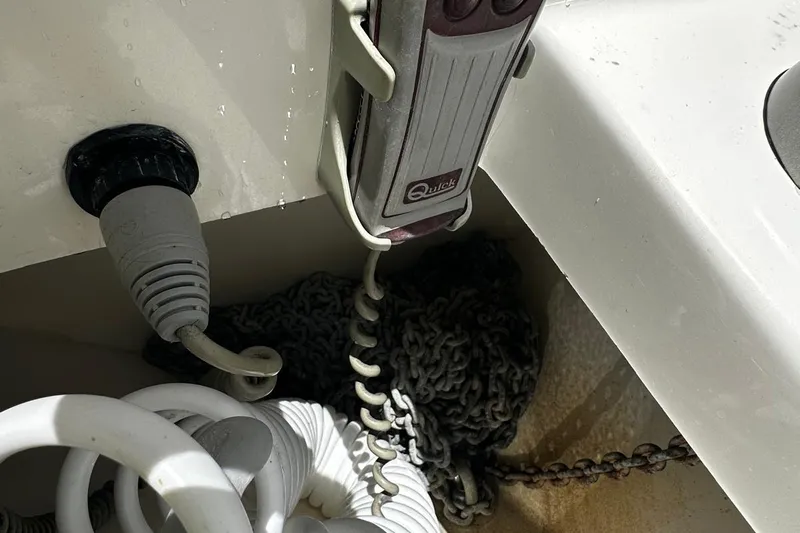  Yacht Photos Pics 2017 Boston Whaler 330 Outrage anchor chain and winch detail.