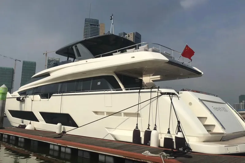 Ferretti 850 Yacht Photos Pics 2017 Ferretti Yachts 850 docked, showcasing sleek design and luxury features.