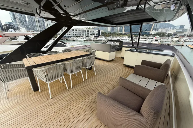 Ferretti 850 Yacht Photos Pics Luxurious 2017 Ferretti Yachts 850 deck with elegant seating and dining area.