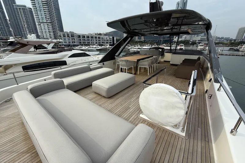 Ferretti 850 Yacht Photos Pics Luxurious 2017 Ferretti Yachts 850 with spacious deck, modern seating, and cityscape backdrop.