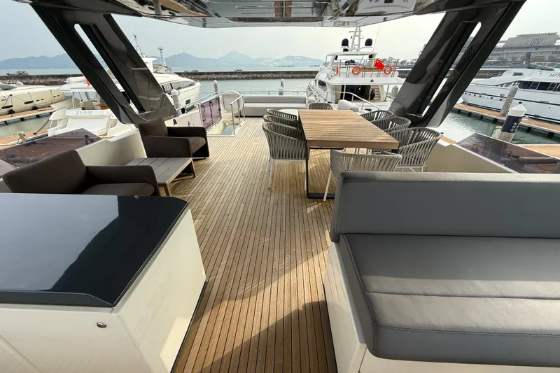 Ferretti 850 Yacht Photos Pics Luxurious 2017 Ferretti Yachts 850 deck with elegant seating and dining area.