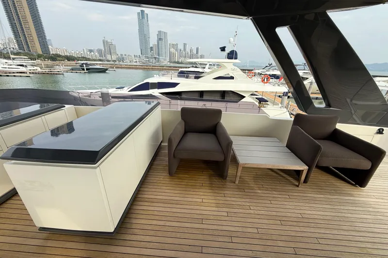 Ferretti 850 Yacht Photos Pics Luxurious 2017 Ferretti Yachts 850 deck with modern seating and city skyline view.