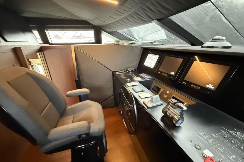 Ferretti 850 Yacht Photos Pics Cockpit of 2017 Ferretti Yachts 850 with modern navigation equipment and comfortable seating.