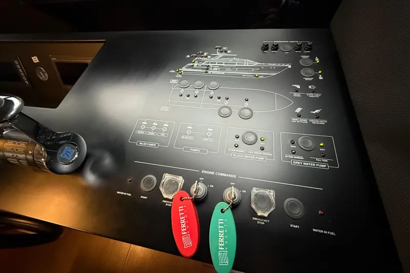 Ferretti 850 Yacht Photos Pics Control panel of a 2017 Ferretti Yachts 850, featuring engine and pump commands.