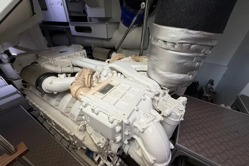 Ferretti 850 Yacht Photos Pics Engine room of a 2017 Ferretti Yachts 850, showcasing a powerful marine engine.