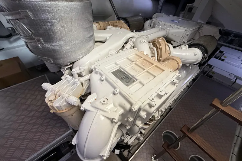 Ferretti 850 Yacht Photos Pics Engine room of a 2017 Ferretti Yachts 850, showcasing a powerful marine engine.
