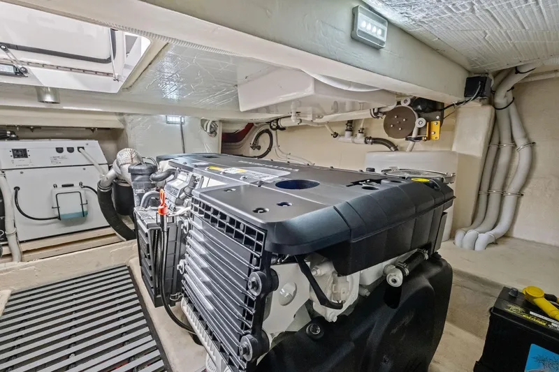 Southwind Yacht Photos Pics Engine room of 2018 Tiara Yachts C44 Coupe, showcasing modern marine machinery.