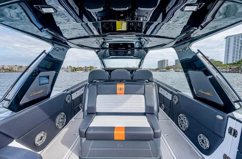  Yacht Photos Pics 2023 Cigarette 41 Nighthawk boat interior with sleek seating and modern design.