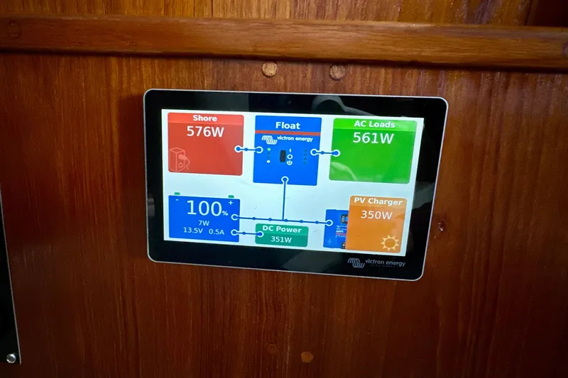 Anchored Souls Yacht Photos Pics Victron Energy display on 1988 Californian 45 Motor Yacht showing power usage and charging status.