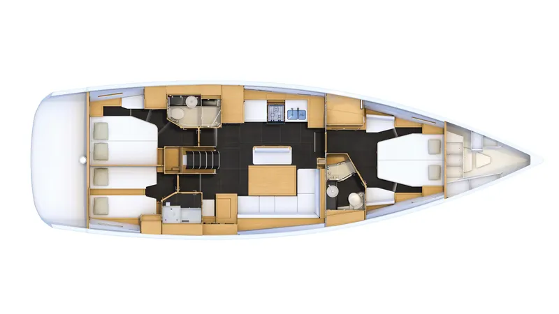  Yacht Photos Pics Floor plan of a 2020 Jeanneau 54 yacht, featuring multiple cabins and living areas.