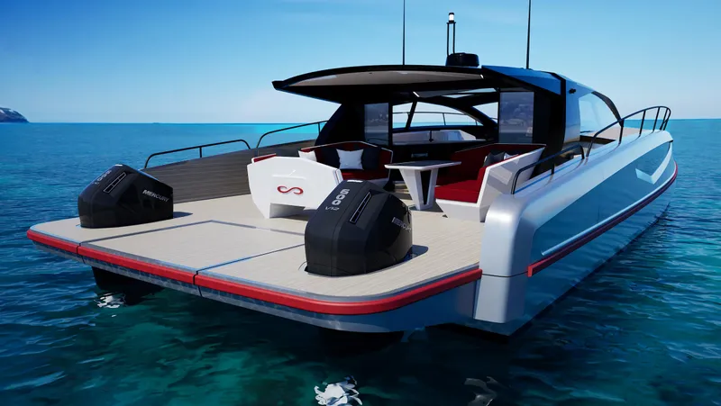  Yacht Photos Pics 2024 Infiniti 60 Powercat Coupe luxury yacht on clear blue water.