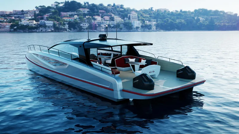  Yacht Photos Pics 2024 Infiniti 60 Powercat Coupe luxury yacht on serene water.