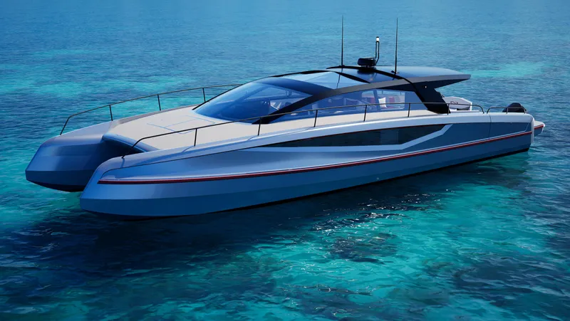  Yacht Photos Pics 2024 Infiniti 60 Powercat Coupe on clear blue water.