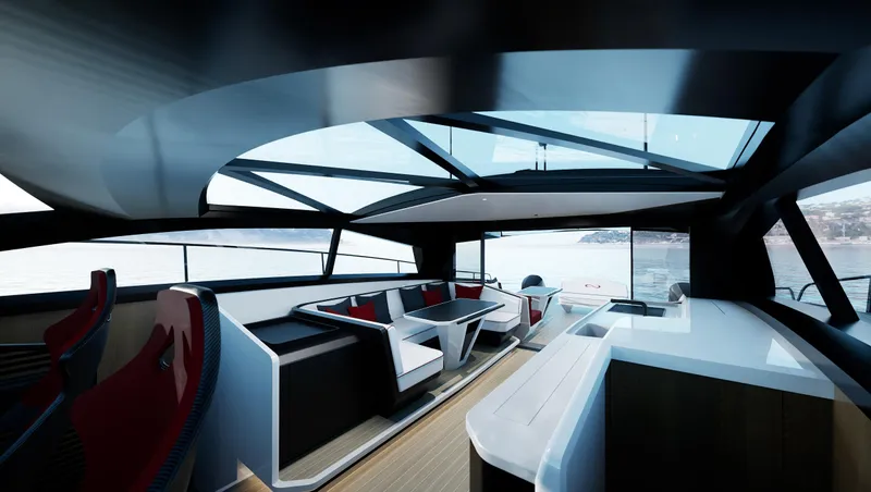  Yacht Photos Pics Interior of 2024 Infiniti 60 Powercat Coupe with modern seating and panoramic windows.