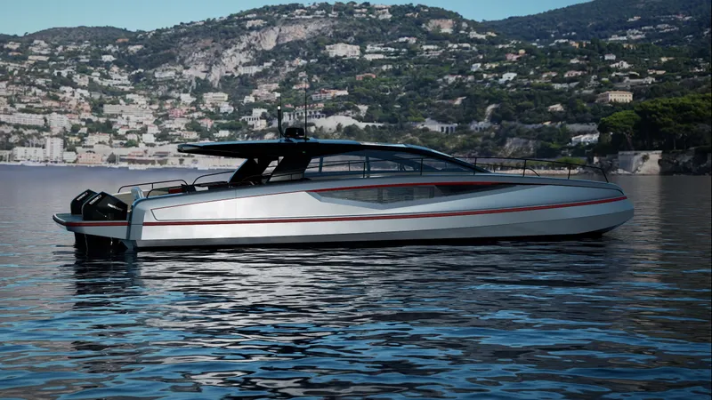  Yacht Photos Pics 2024 Infiniti 60 Powercat Coupe luxury yacht on serene waters with scenic hillside backdrop.