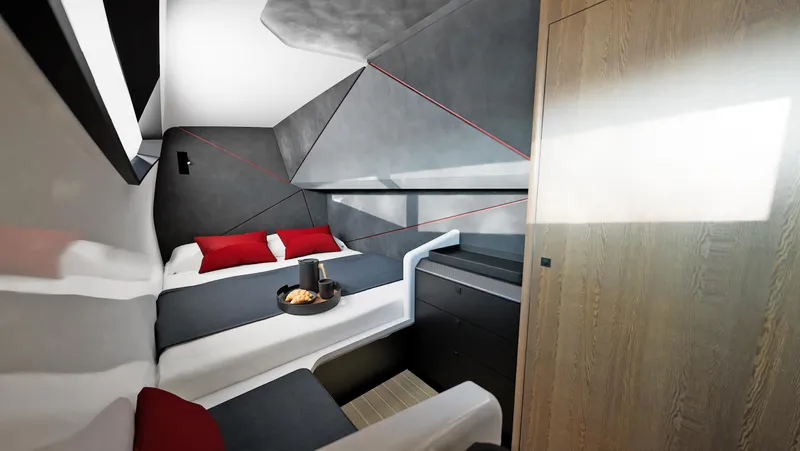  Yacht Photos Pics Luxurious cabin interior of the 2024 Infiniti 60 Powercat Coupe with modern design elements.