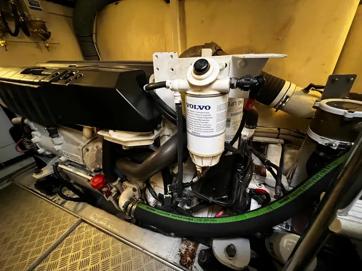  Yacht Photos Pics Engine room of a 2008 Princess 50 yacht featuring a Volvo engine component.