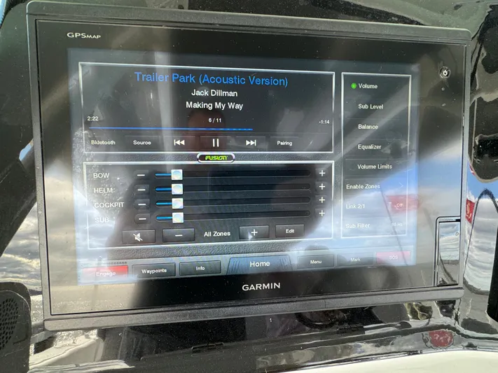  Yacht Photos Pics Garmin touchscreen displaying music controls on a 2019 HCB Siesta boat.