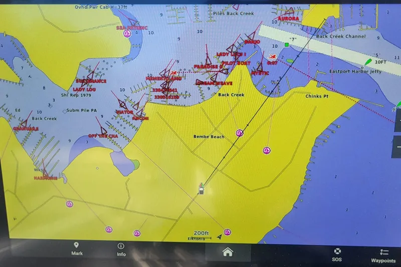  Yacht Photos Pics Marine navigation map on Fountain 34 SC, 2022, showing Back Creek and Bembe Beach.