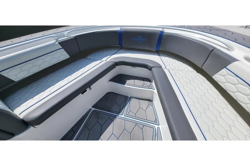  Yacht Photos Pics 2022 Fountain 34 SC boat interior with stylish seating and modern design.