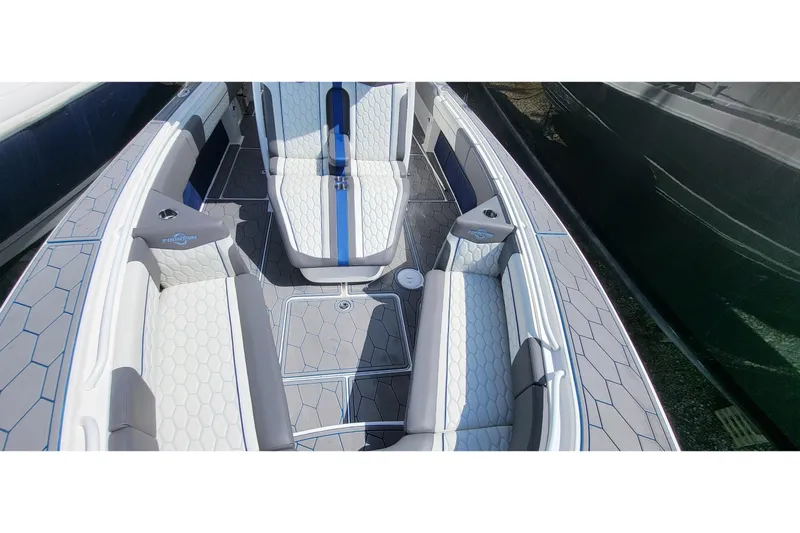  Yacht Photos Pics 2022 Fountain 34 SC boat interior with stylish seating and modern design.