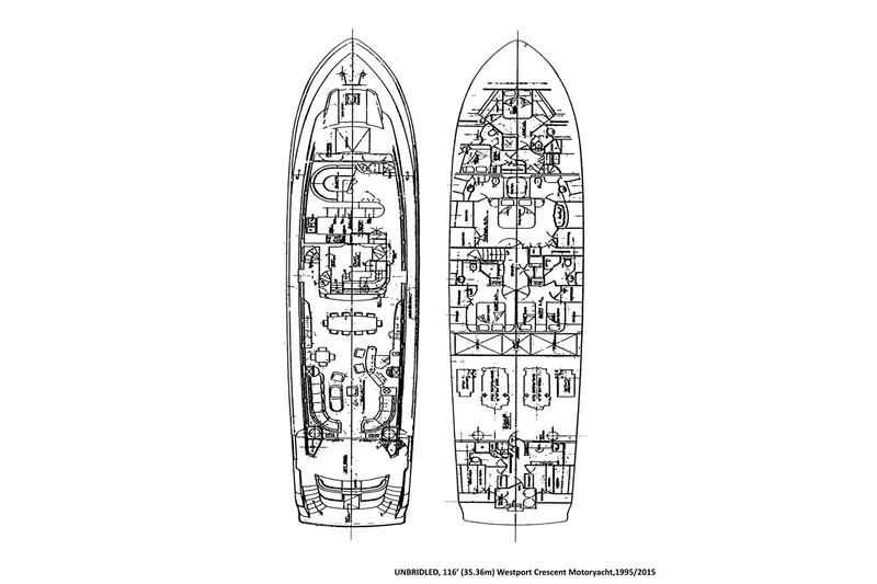 Unbridled Yacht Photos Pics Blueprint of 1995 Crescent 116 yacht, detailed deck layout and design.
