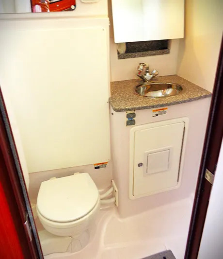 Meru Yacht Photos Pics Compact bathroom in 2019 Catalina 425 yacht with sink and toilet.