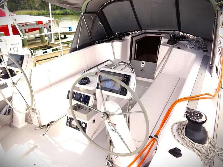 Meru Yacht Photos Pics 2019 Catalina 425 sailboat cockpit with dual steering wheels and navigation equipment.